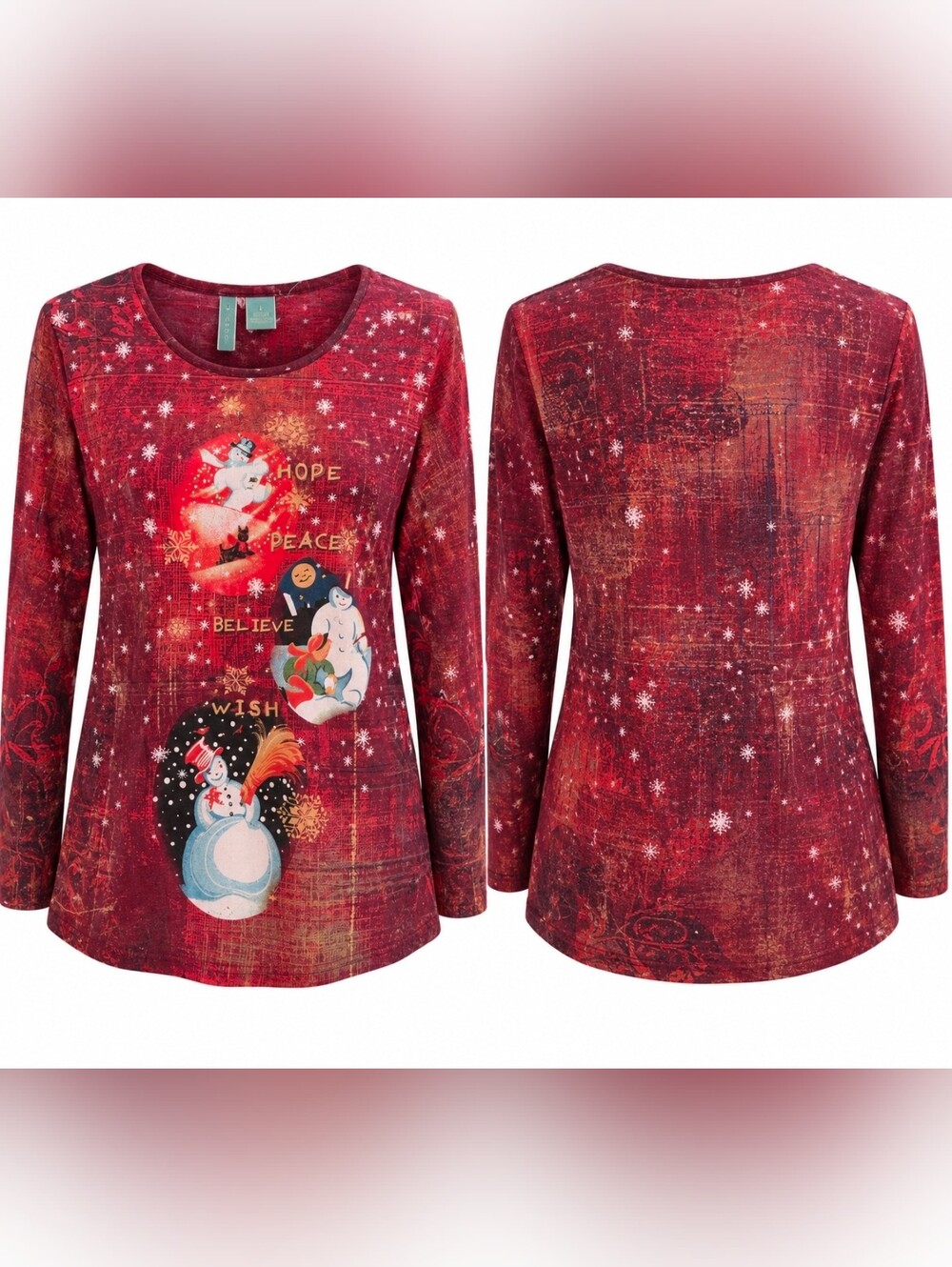 Fresh Womens Christmas Snowman Long Sleeve Top Red Holiday Graphic Shirt